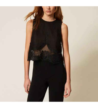 Twinset Top in lino con pizzo nero