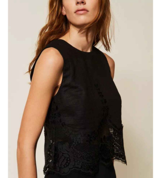 Twinset Top in lino con pizzo nero