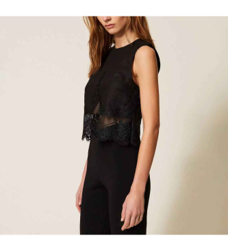 Twinset Top in lino con pizzo nero