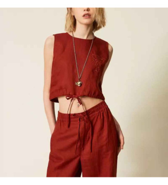 Twinset Top de lino con logotipo bordado granate