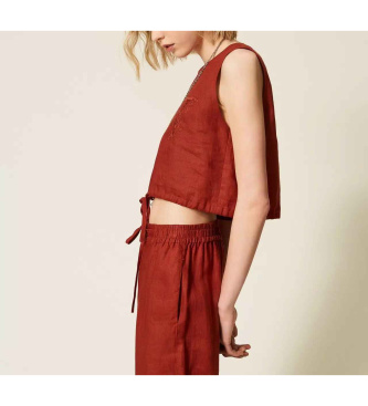 Twinset Top de lino con logotipo bordado granate