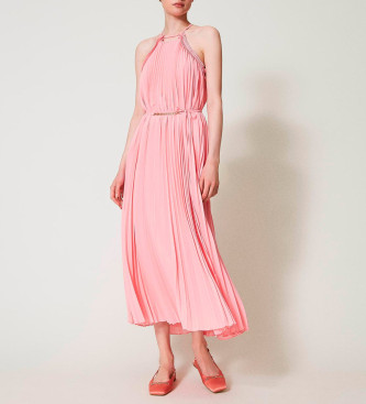 Twinset Pleated georgette dress with pink belt