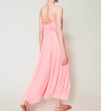 Twinset Pleated georgette dress with pink belt