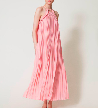 Twinset Pleated georgette dress with pink belt