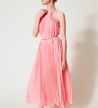 Twinset Pleated georgette dress with pink belt