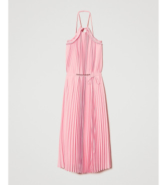 Twinset Pleated georgette dress with pink belt