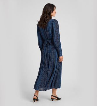 Twinset Lang kjole med rund hals og blåt python-print