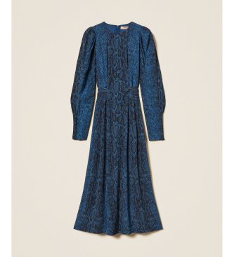 Twinset Lang kjole med rund hals og blåt python-print