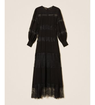 Twinset Lang georgette-kjole med sort blonde