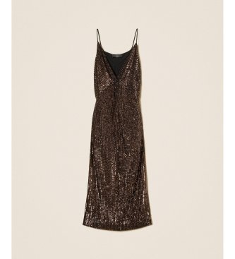 Twinset Lange bruine jurk met pailletten