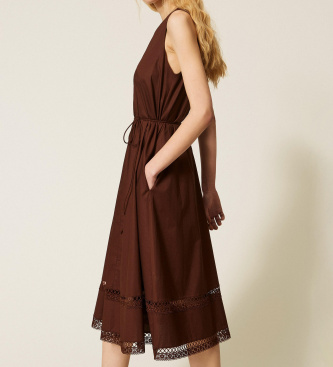 Twinset Robe longue en popeline avec broderie brune