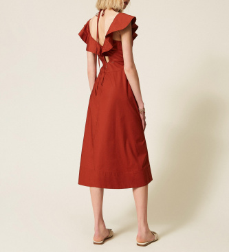 Twinset Poplinska midi obleka z rdečimi volančki