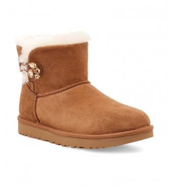 UGG Leather Mini Bailey Button Gem Ankle Boots brown