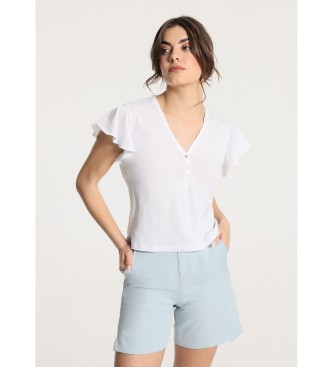 Victorio & Lucchino, V&L White short sleeve ruffled button down T-shirt with buttons