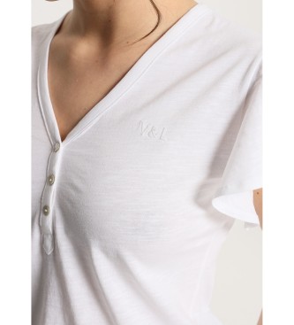 Victorio & Lucchino, V&L White short sleeve ruffled button down T-shirt with buttons