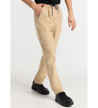 Victorio & Lucchino, V&L Spodnie chino slim - średnia talia z elastycznym paskiem w brązowym lnie