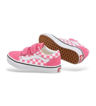 Vans Baskets Old Skool en cuir  damier avec fermeture auto-agrippante rose