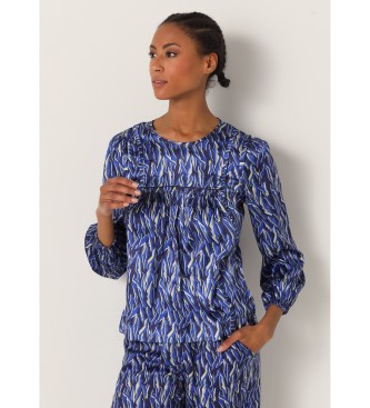 Victorio & Lucchino, V&L Satijnen blouse met abstracte blauwe camouflageprint