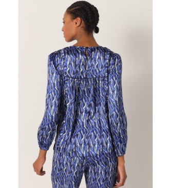 Victorio & Lucchino, V&L Satijnen blouse met abstracte blauwe camouflageprint