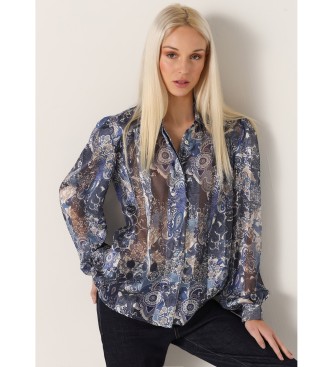 Victorio & Lucchino, V&L Long sleeve fluid puff sleeve shirt with blue Paisley print