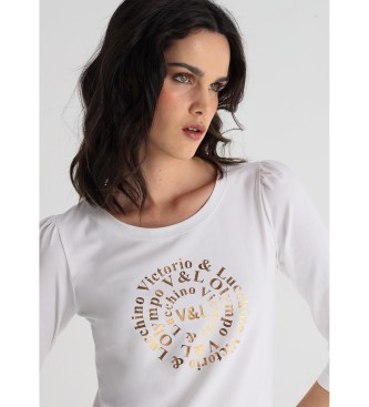 Victorio & Lucchino, V&L White graphic foil print graphic t-shirt with gathered shoulders