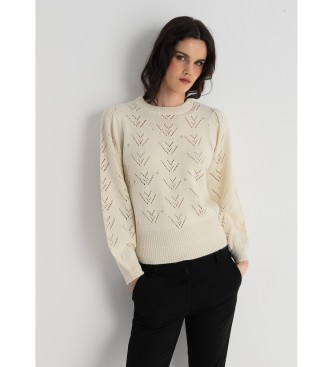 Victorio & Lucchino, V&L Maglione in maglia traforata con gioielli beige