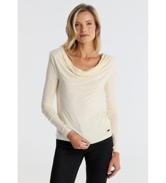 Victorio & Lucchino, V&L Beige T-shirt med draperet krave og skulderpuder