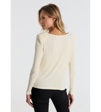 Victorio & Lucchino, V&L Beige T-shirt met gedrapeerde kraag en schoudervullingen