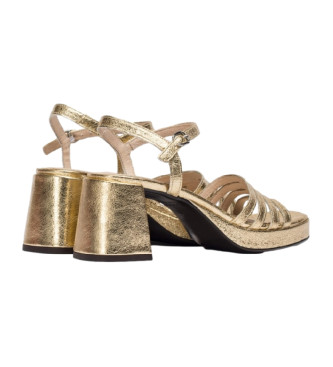 Wonders Złote, metaliczne, skórzane sandały na obcasie Zaida - Wysokość obcasa: 7 cm