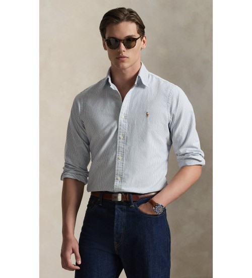 Comprar Polo Ralph Lauren Camisa oxford às riscas de ajuste personalizado branca, azul-marinho