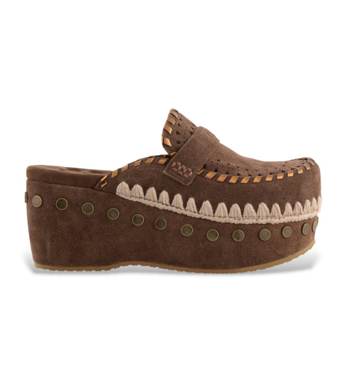 MOU Zuecos De Piel Clog Overstitching Marrón