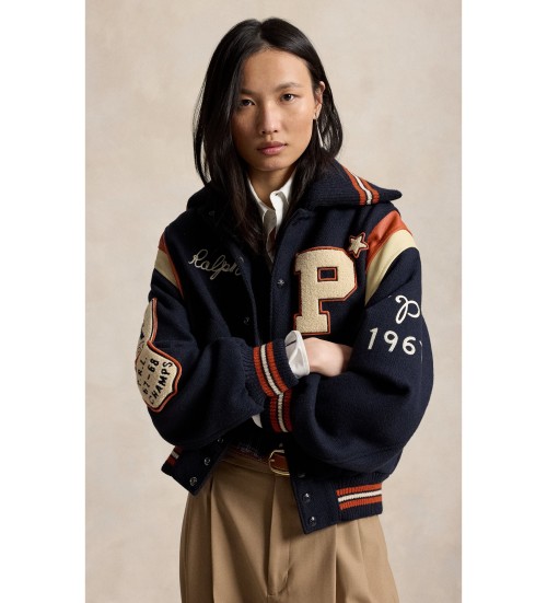 Køb Polo Ralph Lauren Marineblå universitetjakke i uldblanding