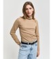 Gant Ribbet T-shirt med svanehals og beige lange rmer