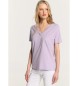 Lois Jeans Kortærmet basis-t-shirt med dobbelt ribkrave i V-udskæring, lilla