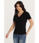 Lois Jeans T-shirt basic a maniche corte con doppio scollo a V in costina nera