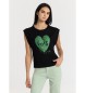 Lois Jeans T-shirt round neck round sleeve black macadamia leaf and beads print