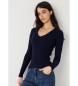 Lois Jeans Granatowy sweter z dzianiny ściągaczowej z dekoltem w szpic