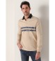 Lois Jeans Jacquard kraag polo lange mouw 2 strepen beige