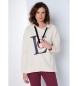 Lois Jeans Offwhite grafisk sweatshirt med htte og bning i siden