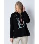 Lois Jeans Grafisk sweatshirt med huva och öppning i sidan svart