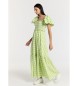 Lois Jeans Lång boho klänning med volangärmar honeycomb vichy tryck multicolor lime grön