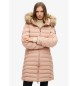 Superdry Manteau  capuche mi-long Fuji taupe avec bordures en fausse fourrure