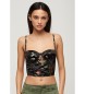 Superdry Top a corsetto con ricamo floreale in raso nero