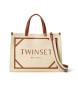 Twinset Borsa shopper in tela beige scuro con logo