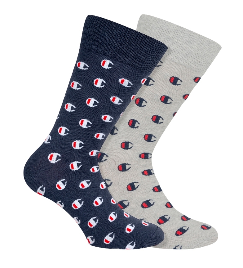 Champion Pack of 2 Crew All-Over C Fashion socks, grey, navy