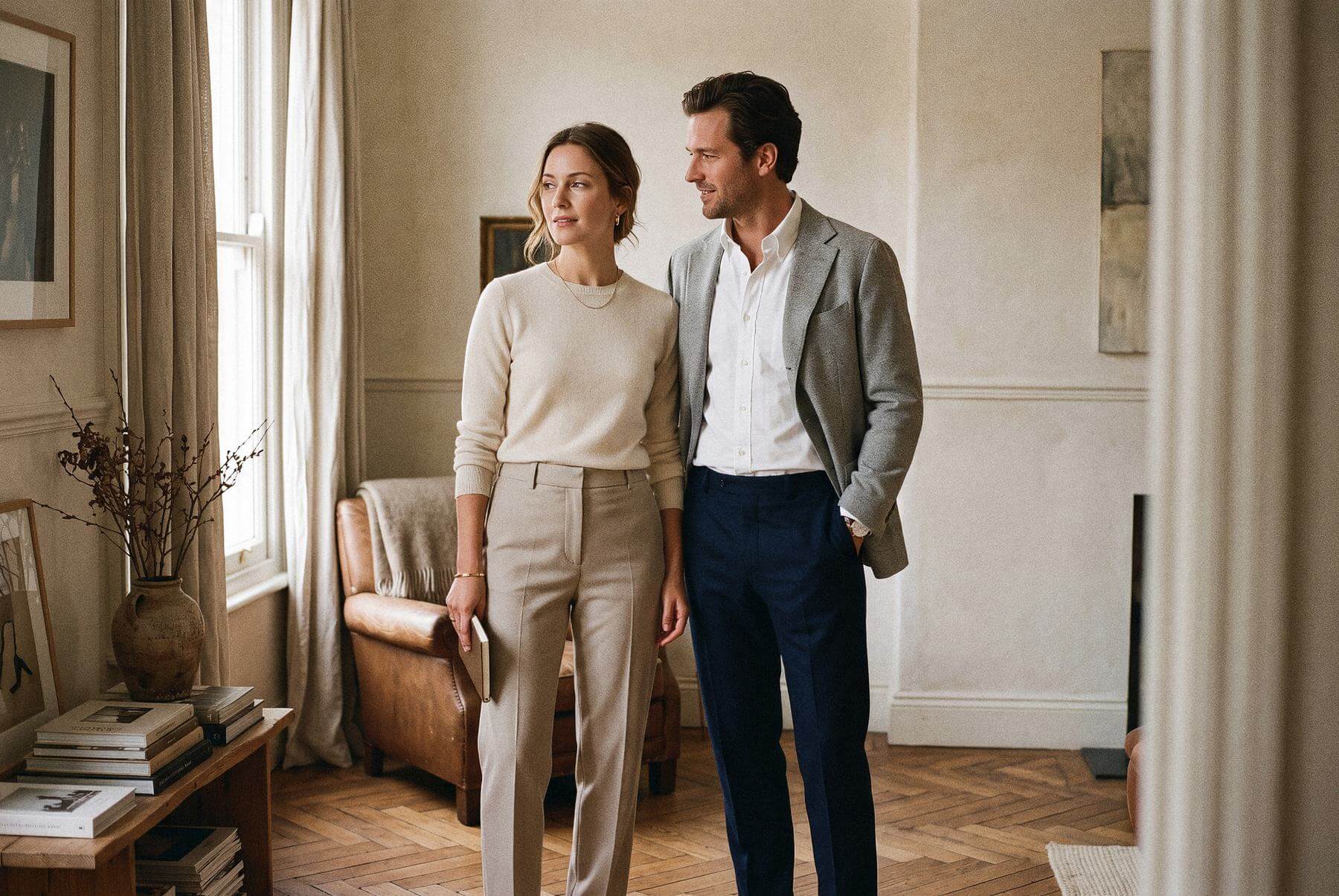 Una donna e un uomo in sartoria classica in un interno luminoso